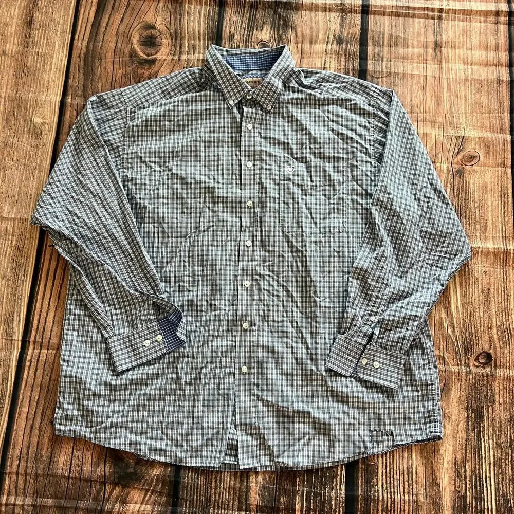 Ariat Men's 2XL Blue Plaid Wrinkle-Free Long‎ Sleeve Button Down Shirt